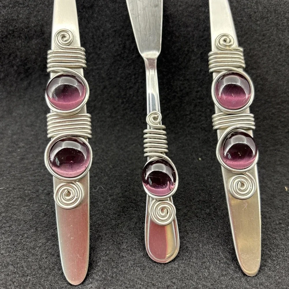 Handcrafted SS Salad Set And Butter Knife South Africa Purple Cabochon Stones